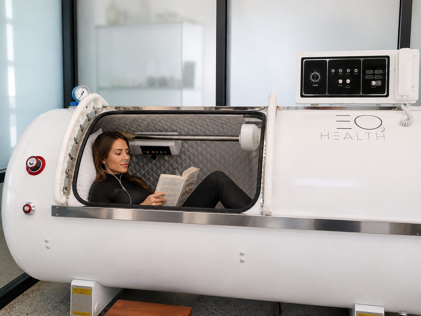 A session in the hyperbaric chamber, softly lit