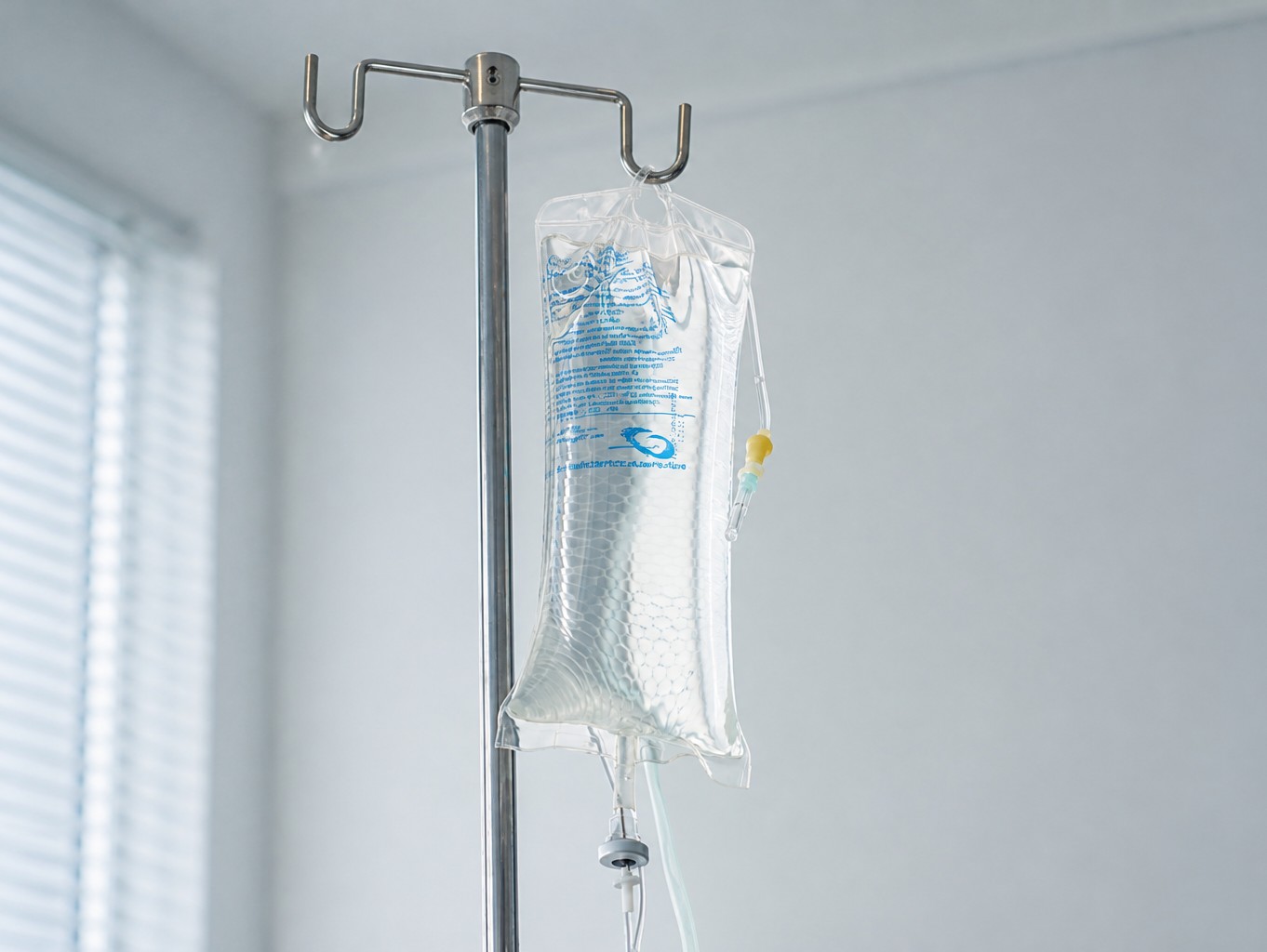 IV bag on a stand in a private infusion room