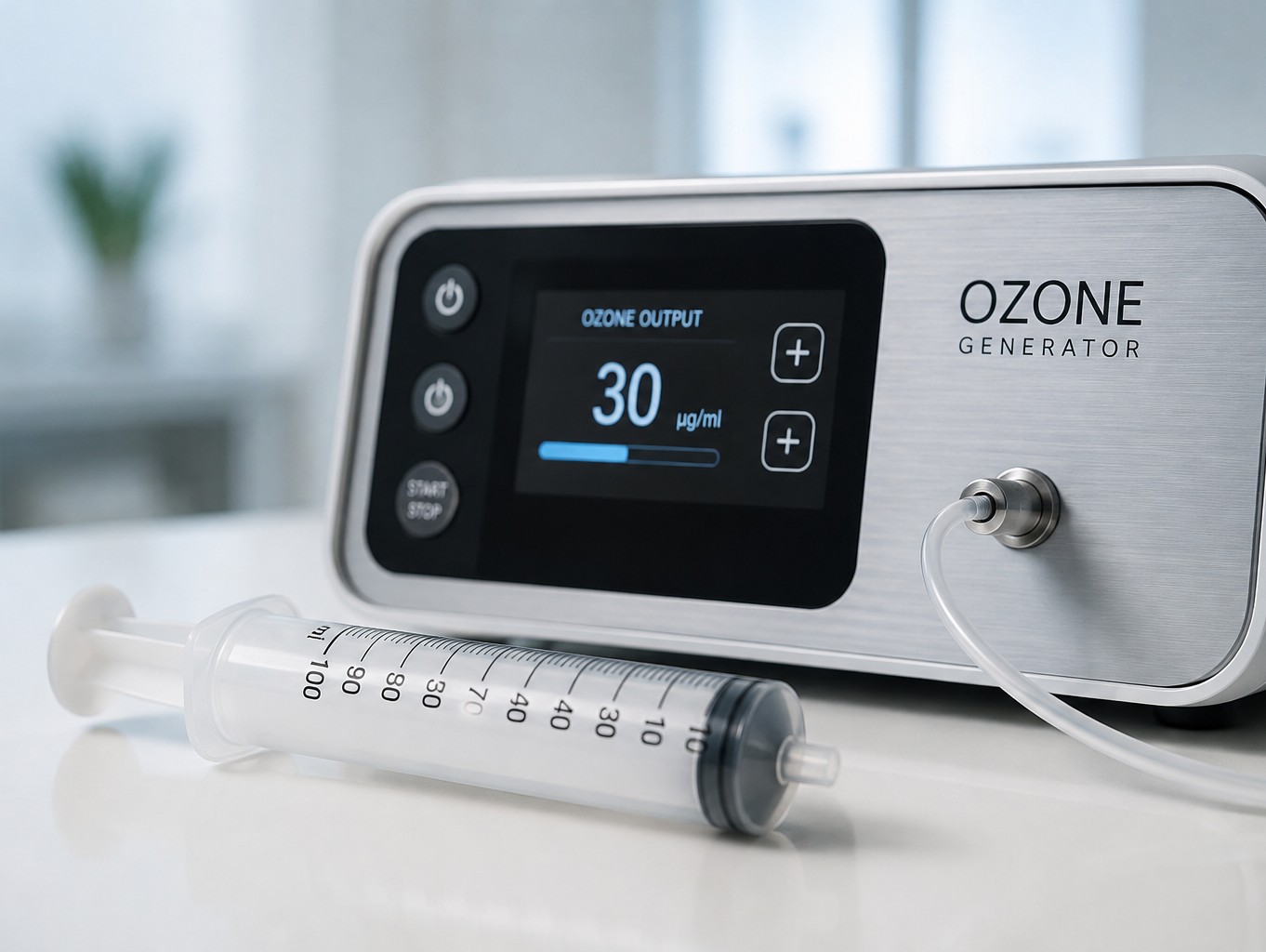 Ozone generator with glass syringe, cool daylight