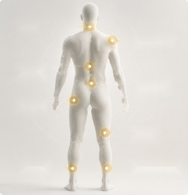 Back view of the body with common regenerative-care regions marked